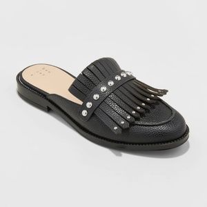 Womens Studded Backless Loafer Mules ~Black Silver